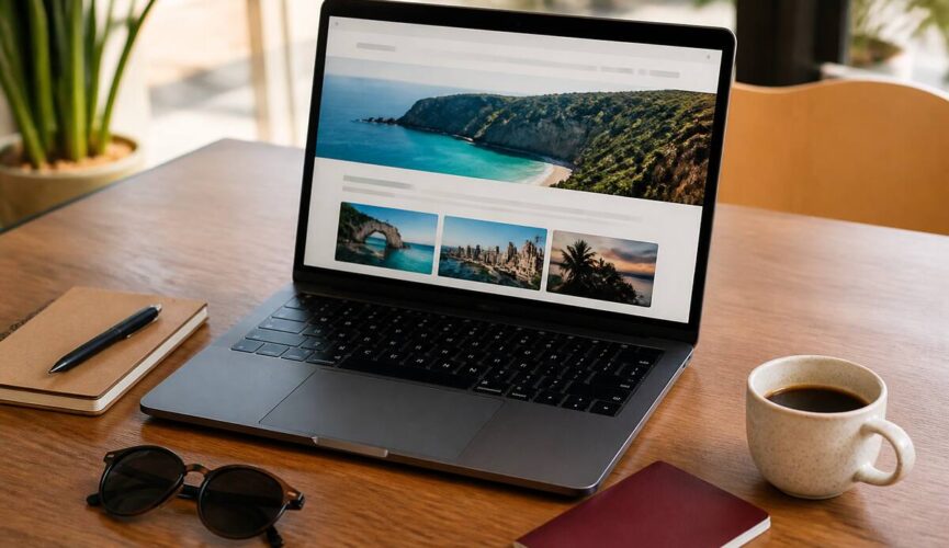 Laptop en reisnotities op tafel tijdens het vergelijken van vakanties
