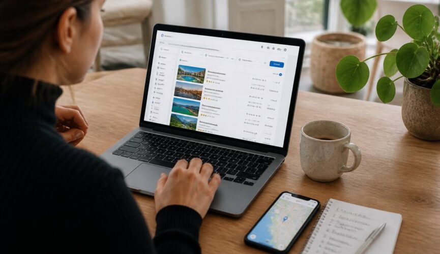 Iemand vergelijkt vakanties op een laptop aan tafel met telefoon en notitieboekje