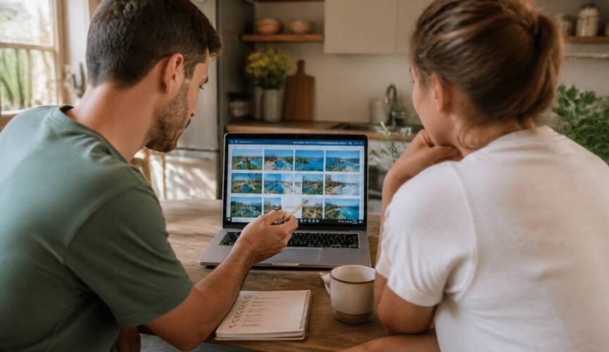 Koppel dat met een laptop en notitie een vakantie vergelijkt