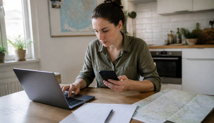 Iemand die op een laptop en telefoon vakanties vergelijkt aan een keukentafel