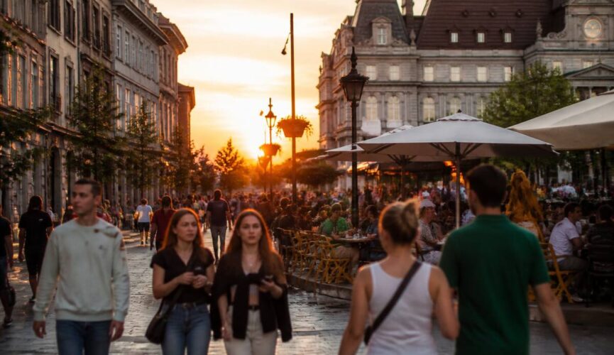 Stedentrip in Europa: mensen wandelen in een zonnige stad bij een plein en terras