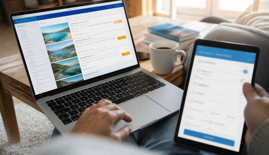 Laptop en reisgidsen voor het vergelijken van vakanties en reizen
