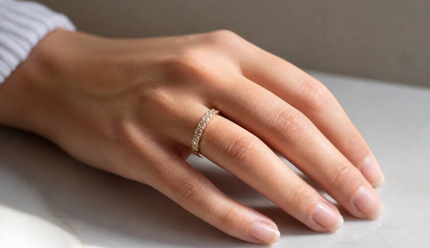 Close-up van een hand met een ring in zacht daglicht, gefocust op de details van de ring