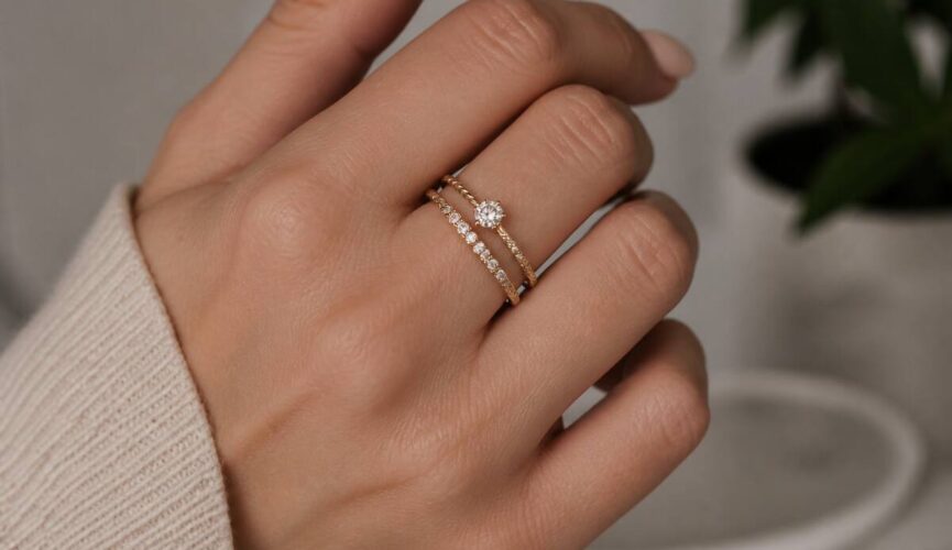 Hand met meerdere ringen die verzorgd en schoon ogen, in een realistische close-up foto