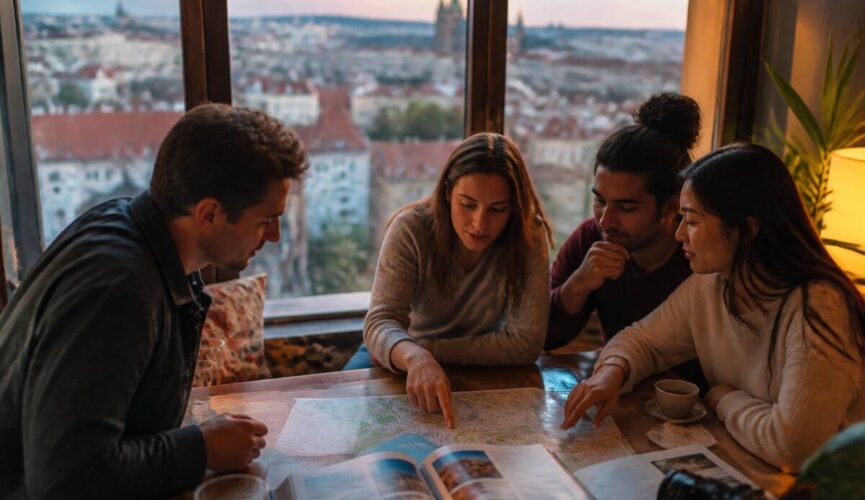 Reizigers die samen vakantieopties vergelijken met kaart en reisgidsen op tafel
