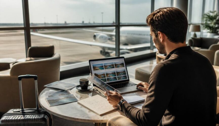 Iemand die vanuit een lounge een vakantie vergelijkt met laptop en reisnotities