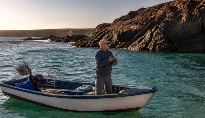 Realistische foto van een vissersboot bij de kust van Lanzarote met een ontspannen angler op dek